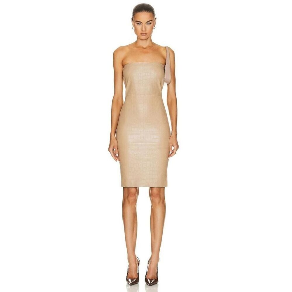 SPRWMN New Women's Sahara Embossed Beige Strapless Leather Tube Dress Size S